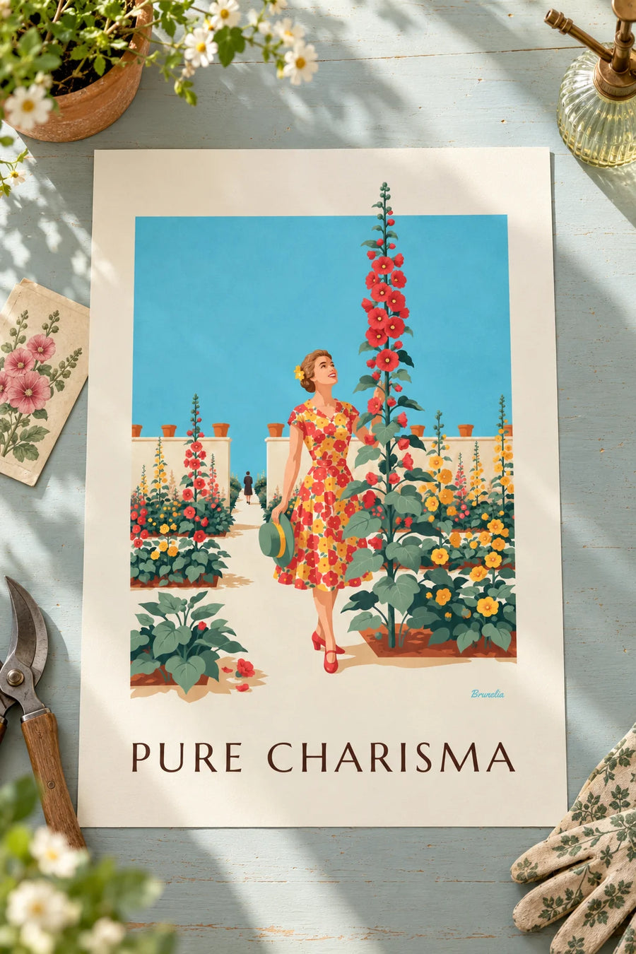 Affiche femme en robe à fleurs dans un jardin ensoleillé : posée sur une table
