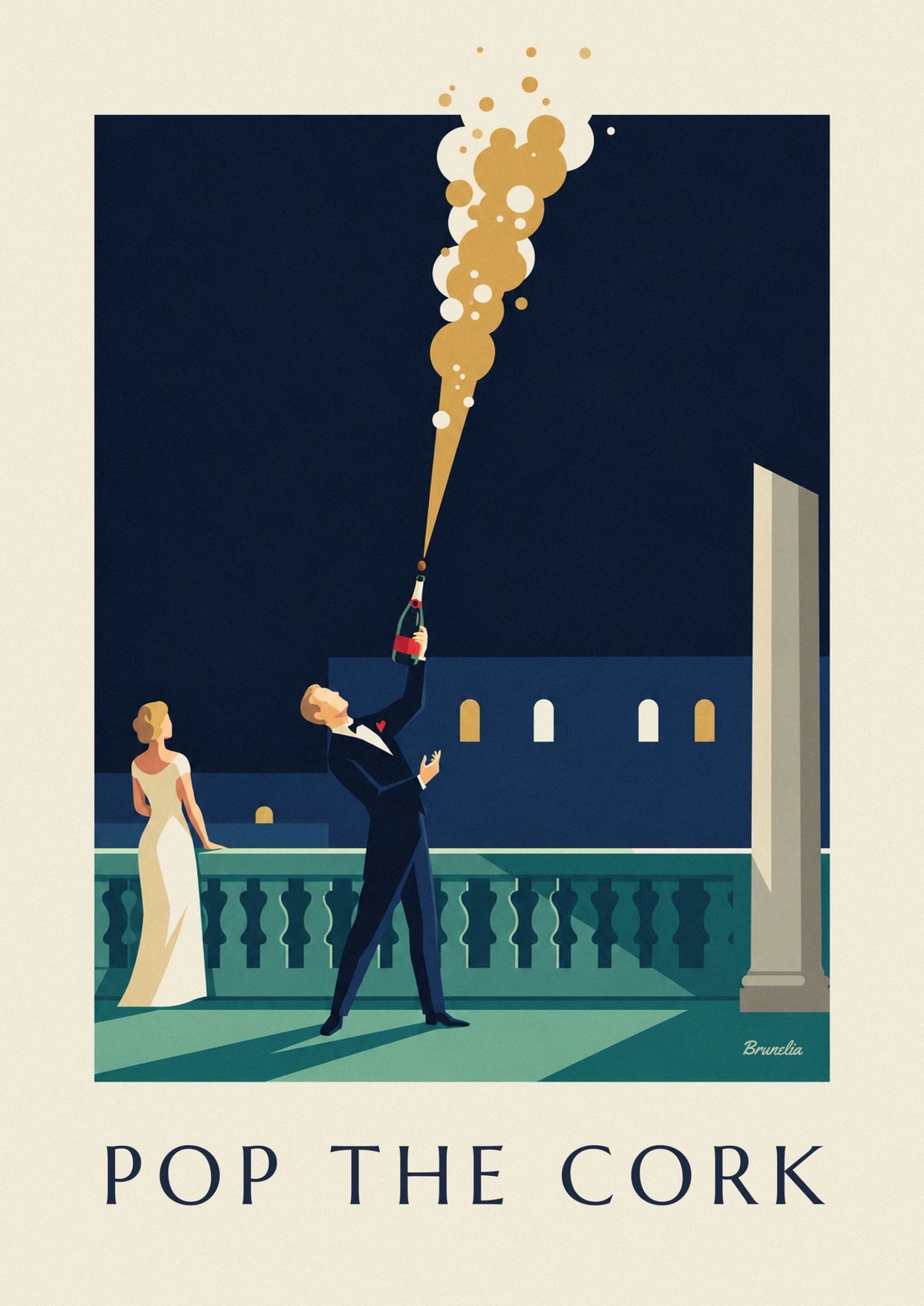 Affiche homme en smoking ouvrant une bouteille de champagne