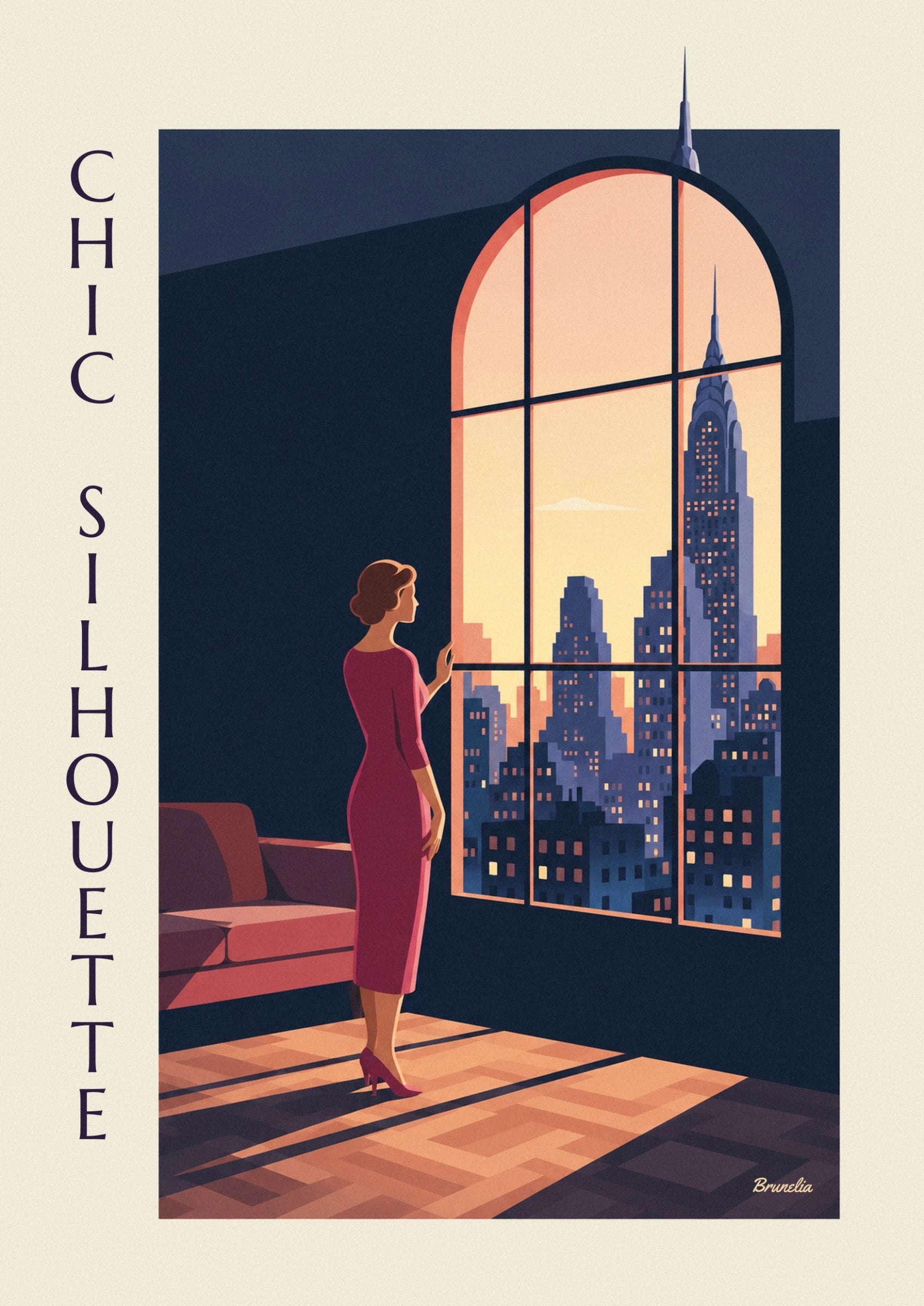 A woman in a burgundy sheath dress and court shoes in front of a window overlooking the city