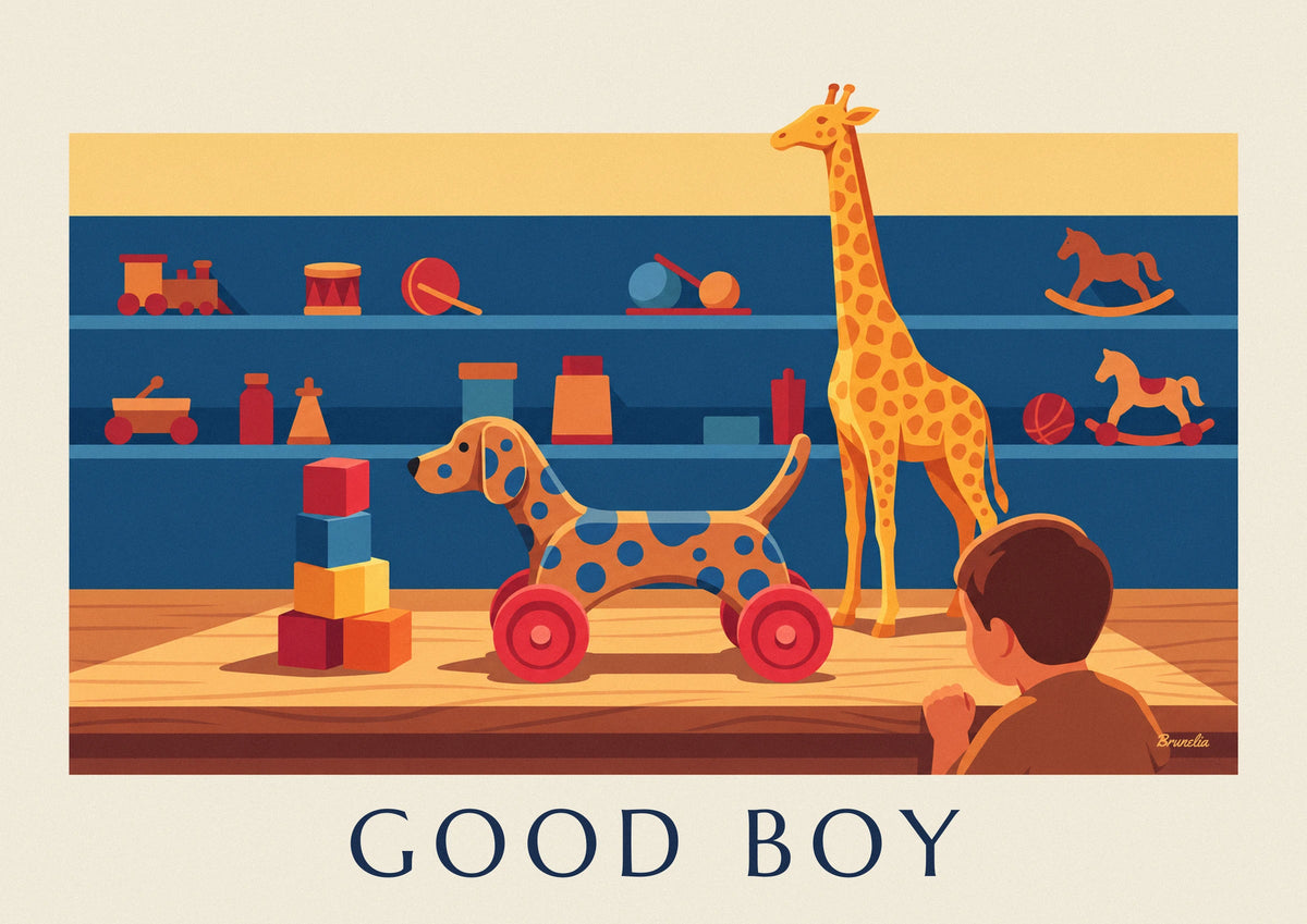 Affiche chien à roulettes en bois dans un magasin de jouets