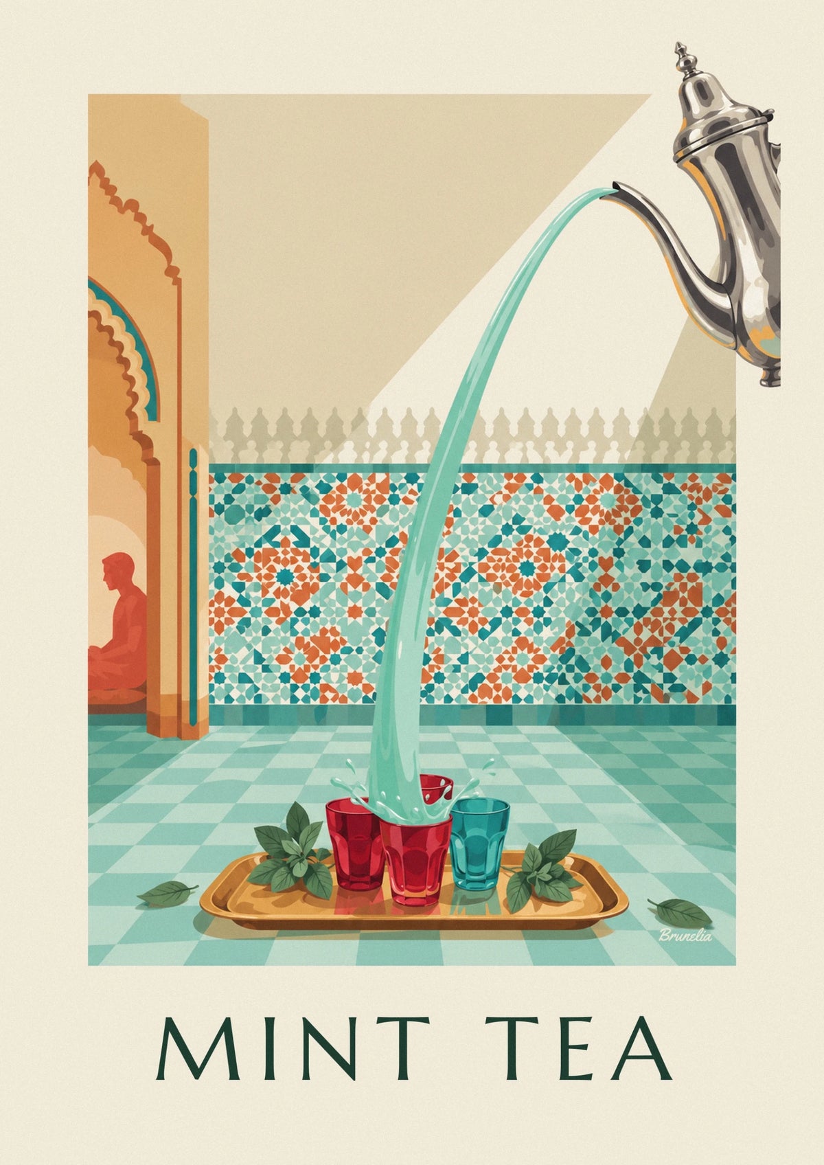 Affiche thé à la menthe servi dans des verres ciselés