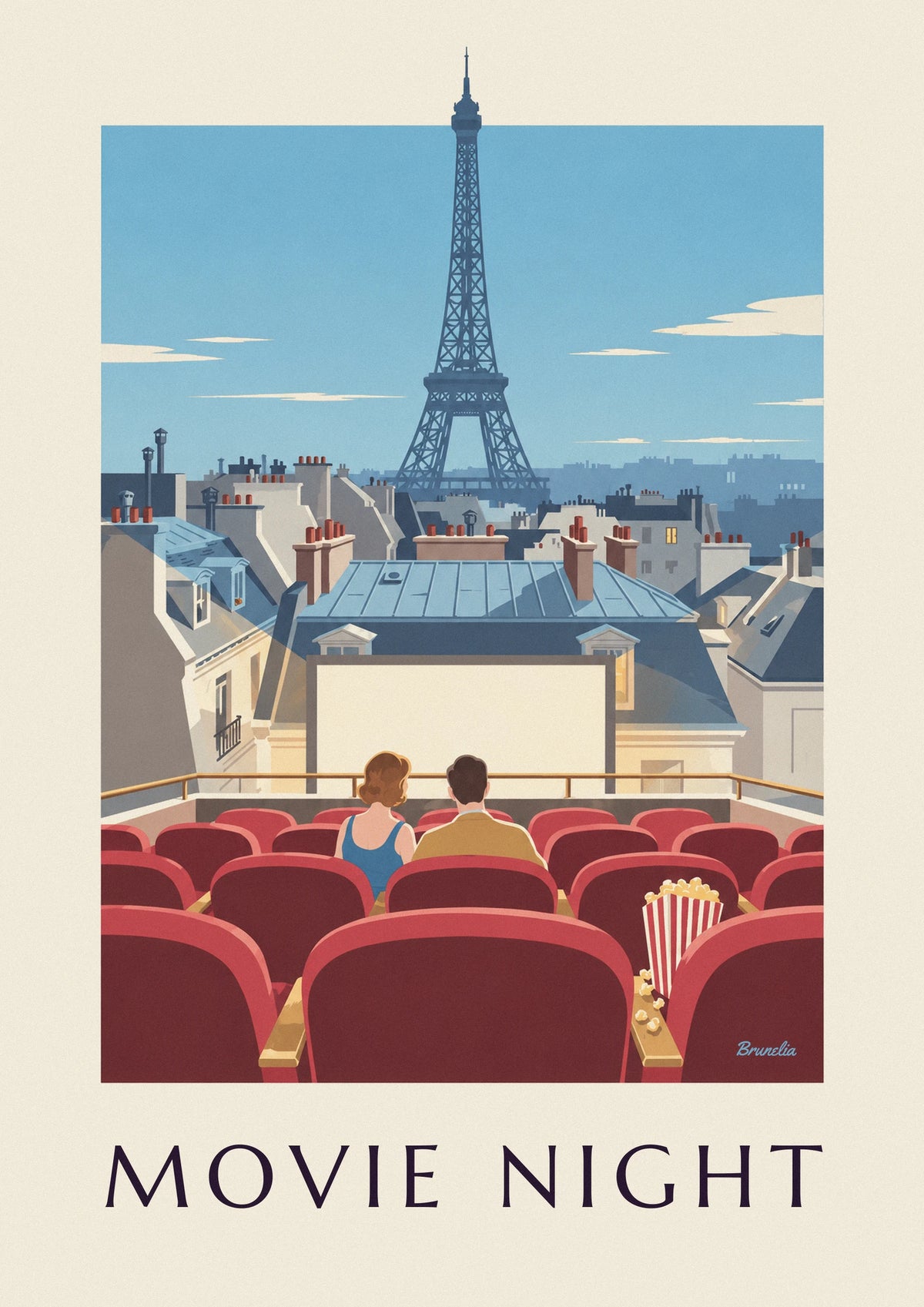 Affiche cinéma en plein air sur un toit de Paris et pop-corn