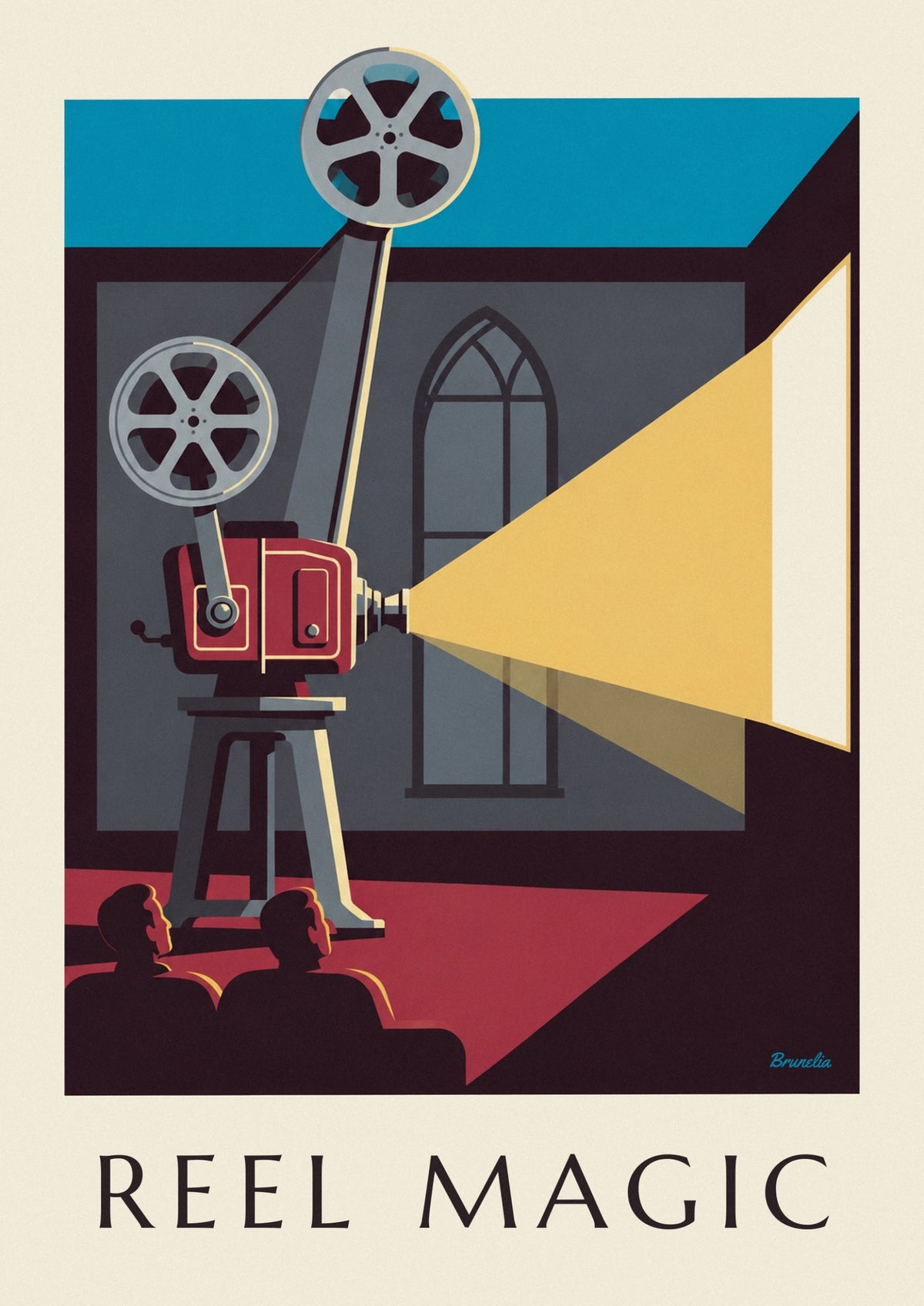 Affiche projecteur de cinéma à bobines en cabine de projection