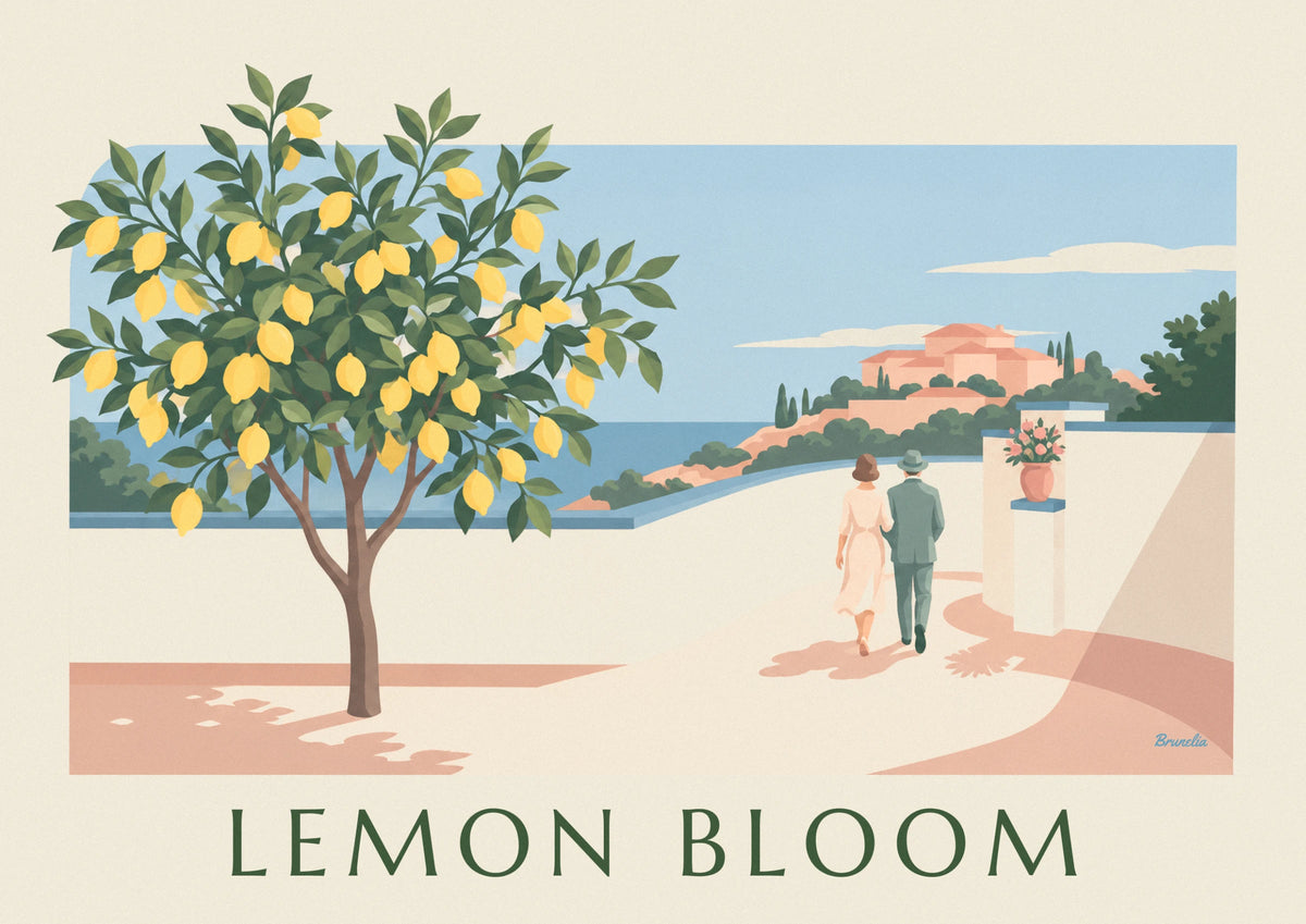 Affiche citronnier en fleurs sur une terrasse face à la mer