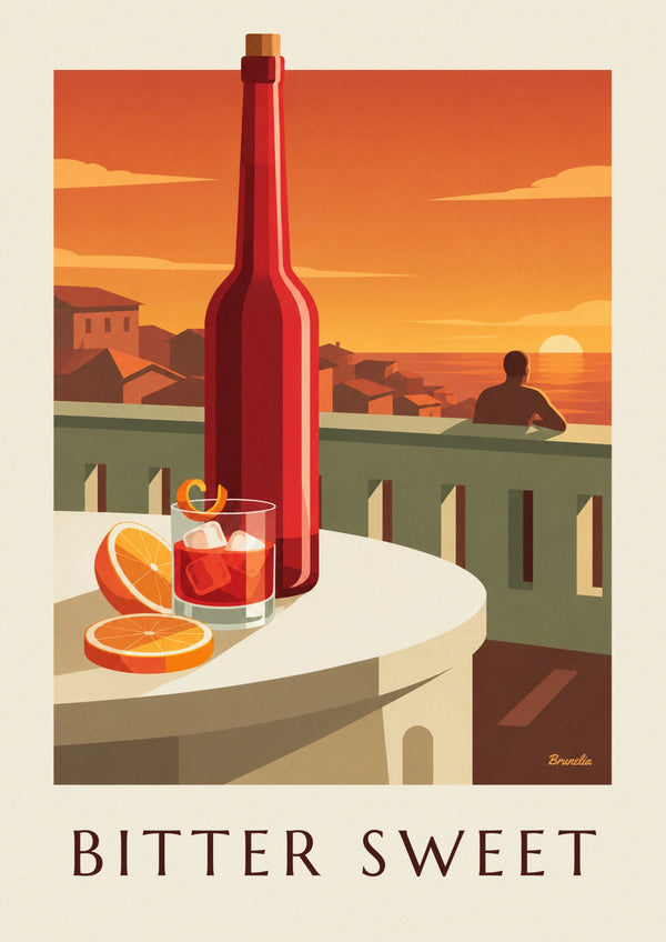 Affiche cocktail Negroni et zeste d'orange sur une terrasse