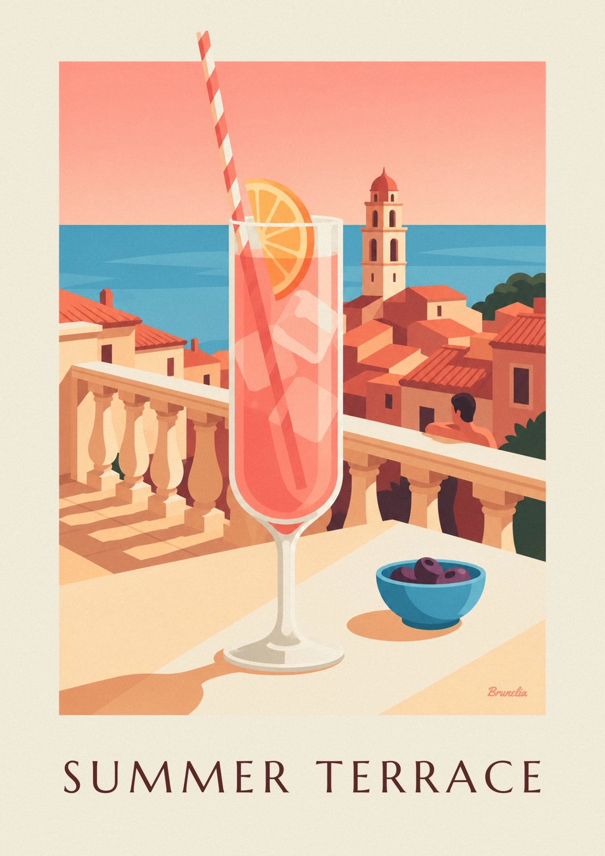 Affiche cocktail d'été rosé sur une terrasse face à la mer
