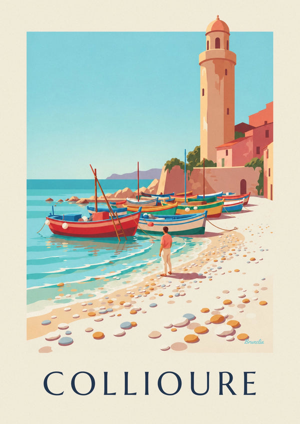 Affiche barques catalanes colorées sur la plage de Collioure