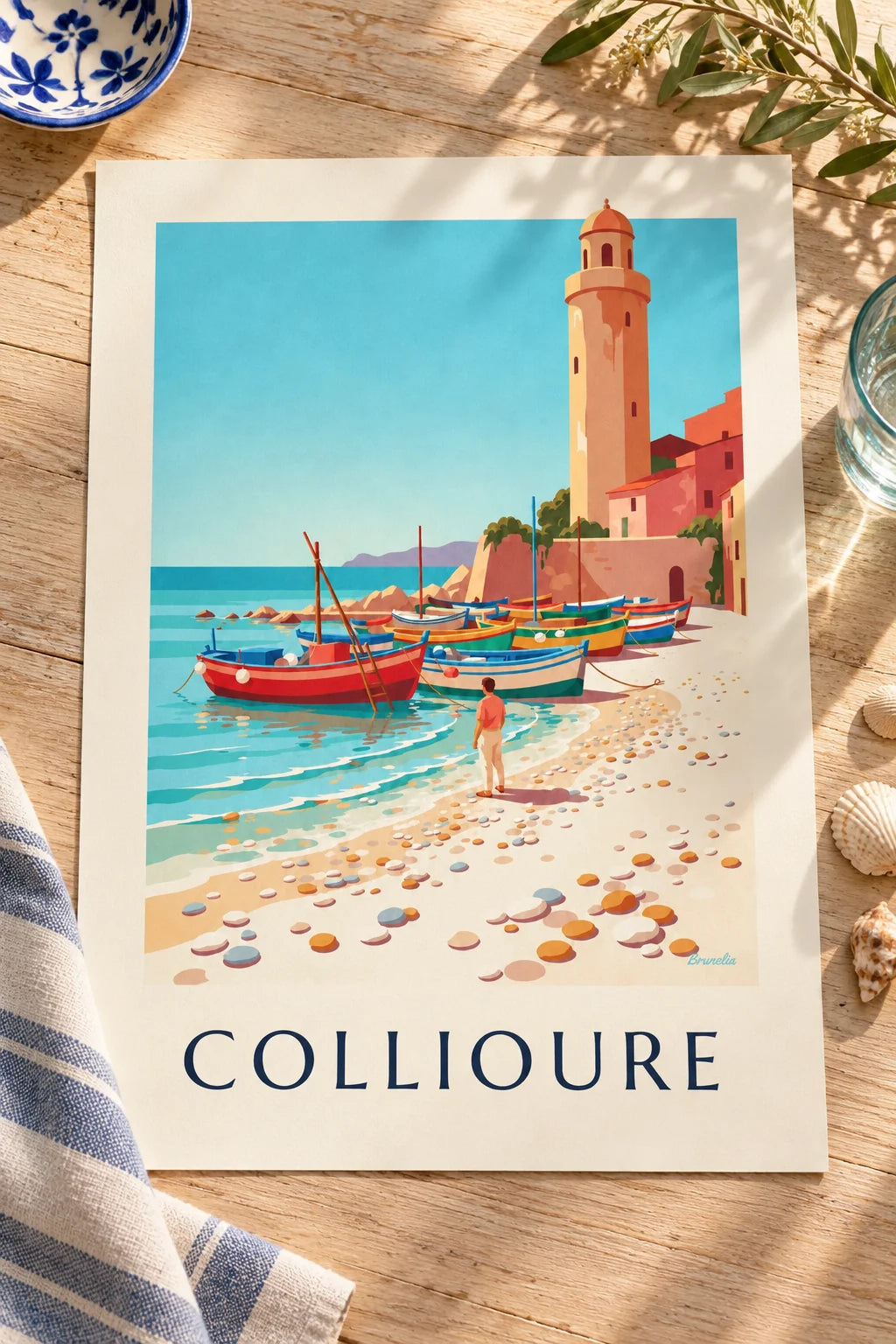 Affiche barques catalanes colorées sur la plage de Collioure : posée sur une table