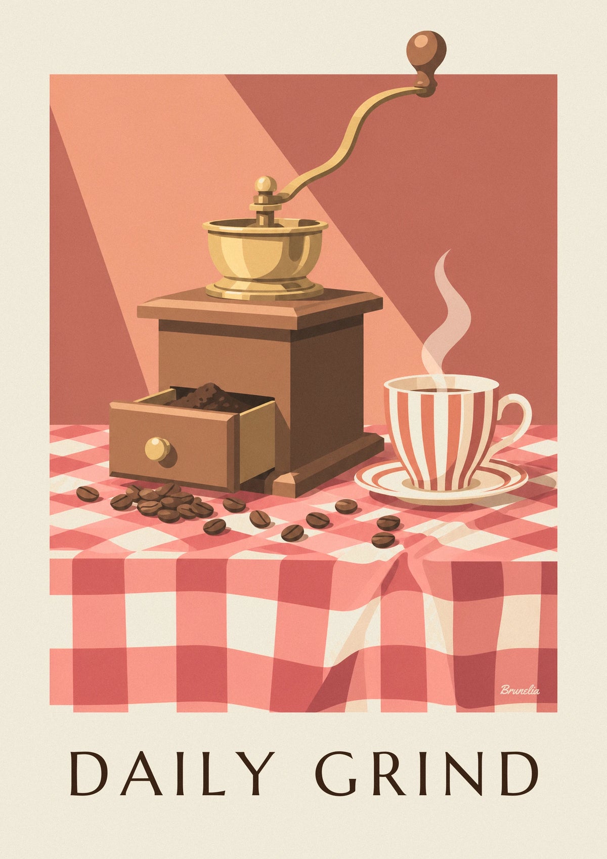 Affiche moulin à café en bois sur une nappe à carreaux rouges