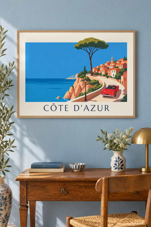 Póster de um descapotável vermelho na estrada costeira da Côte d’Azur