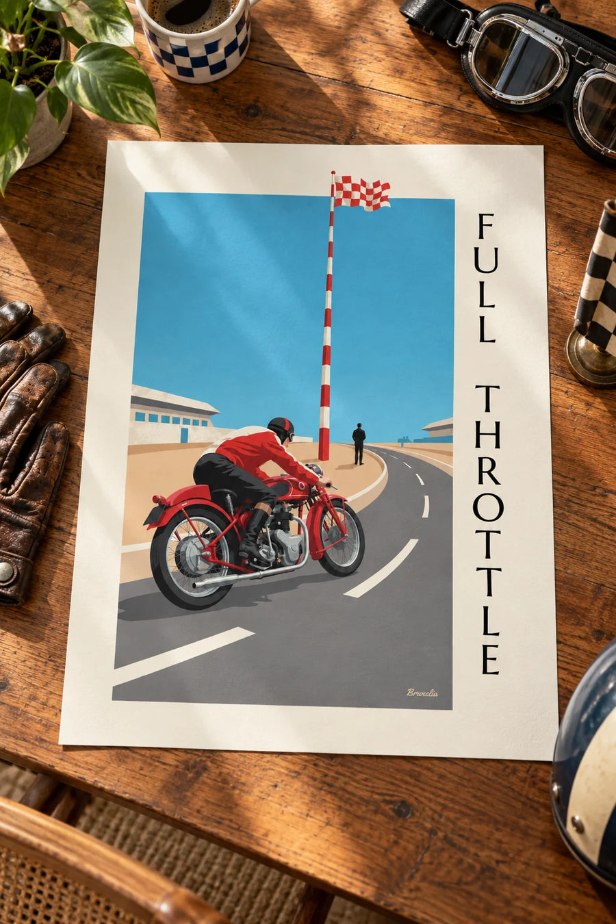 Affiche moto de course penchée dans un virage de Grand Prix : posée sur une table