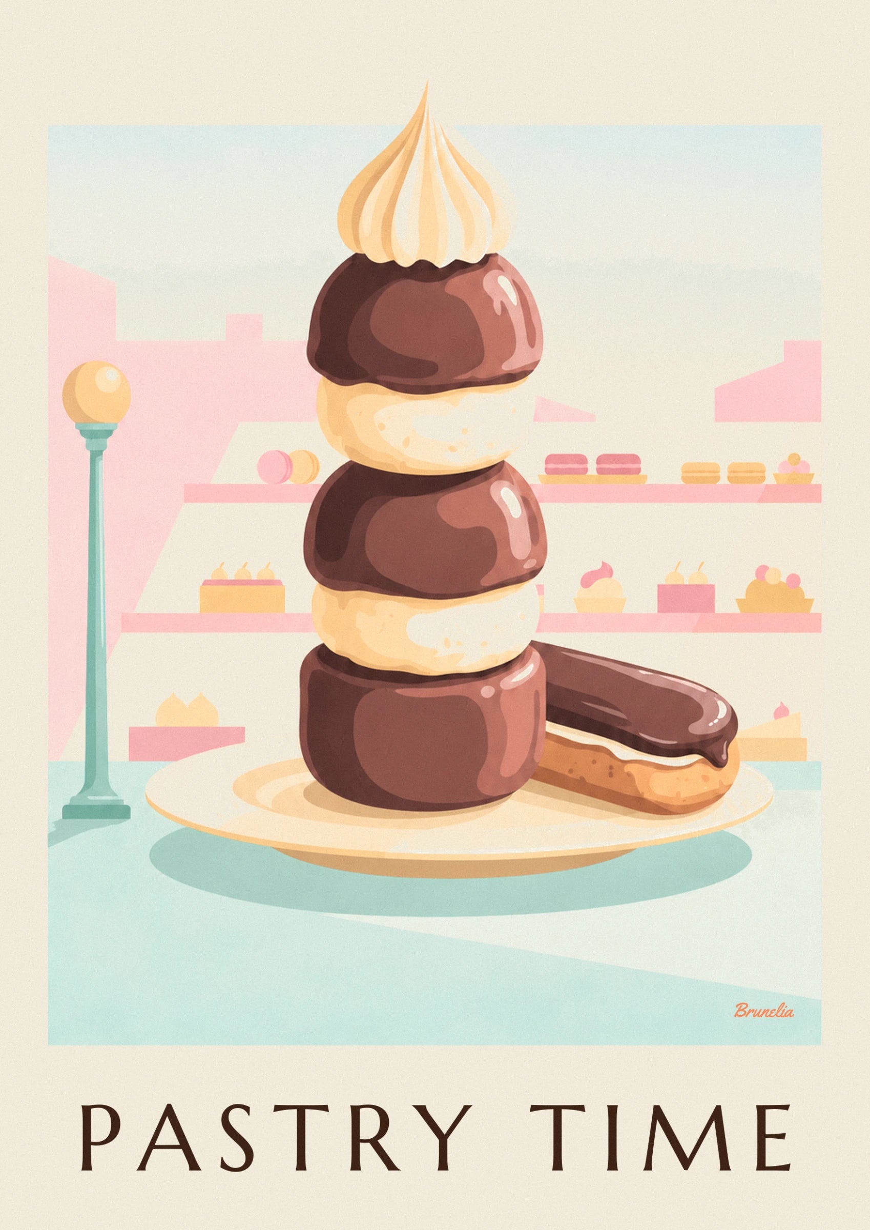 Le chou nappé de chocolat et sa haute pointe de crème dorée, en pâtisserie