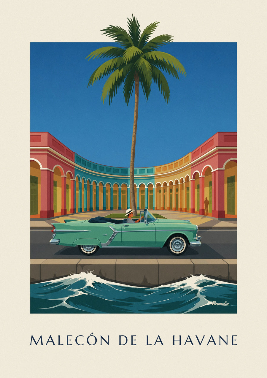 Affiche décapotable vert menthe sur le Malecón de La Havane