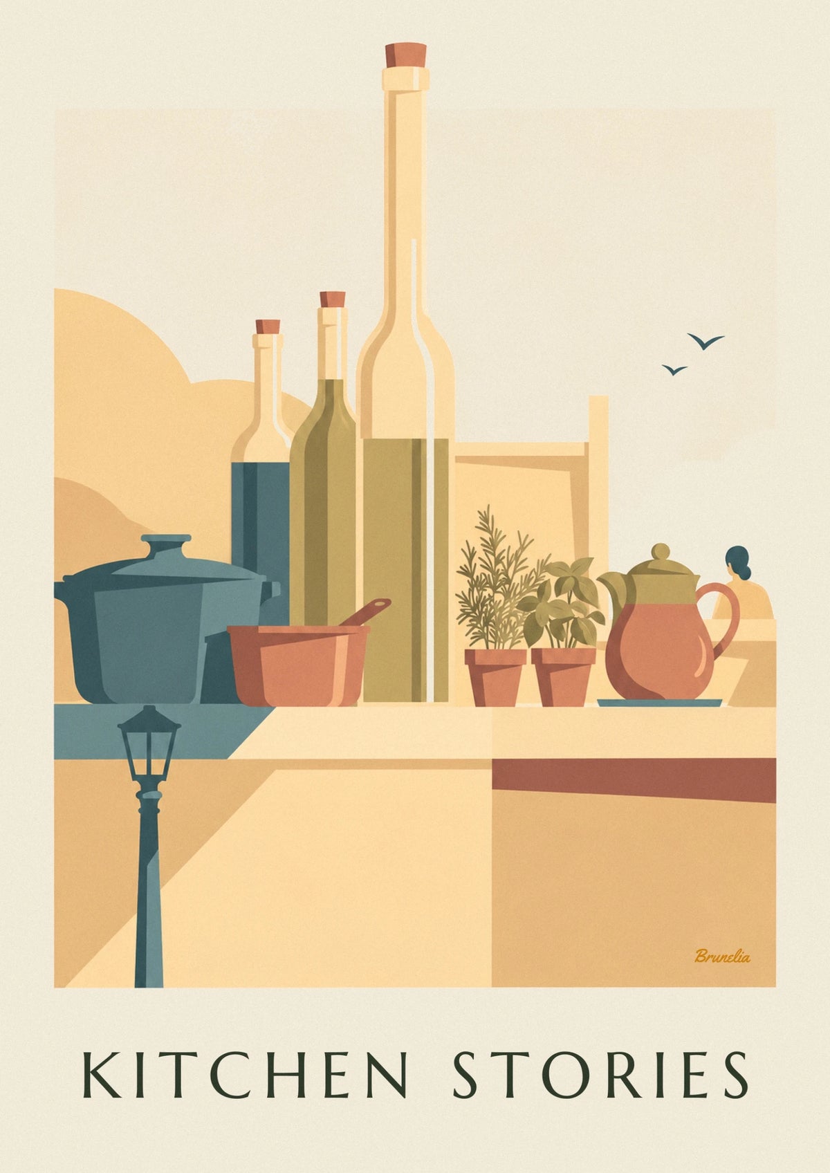 Affiche casseroles, théières peintes et bouteilles de cuisine
