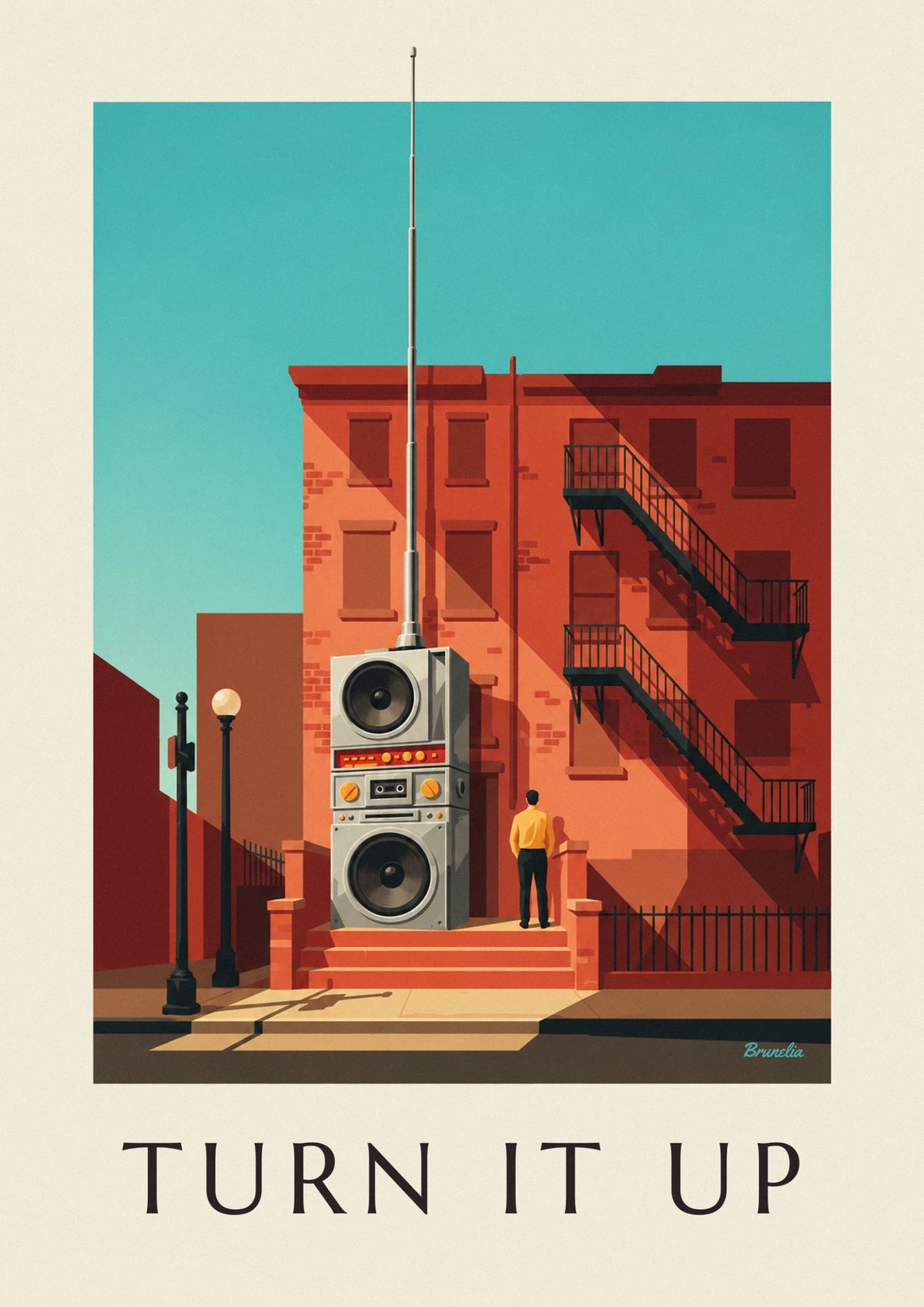 Affiche radiocassette à double platine sur un perron urbain