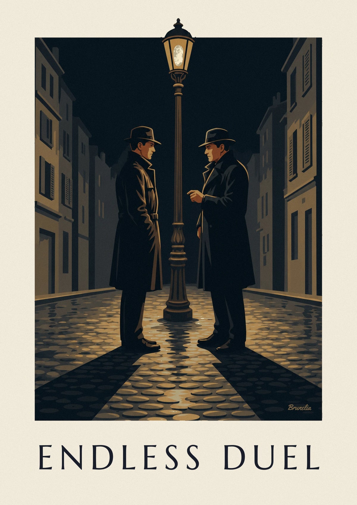 Cartaz de duelo de filme policial à luz de um candeeiro de rua, numa noite de chuva
