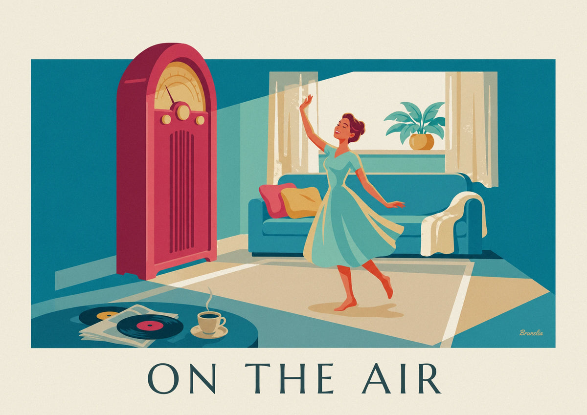 Affiche femme dansant près d'un poste de radio rose