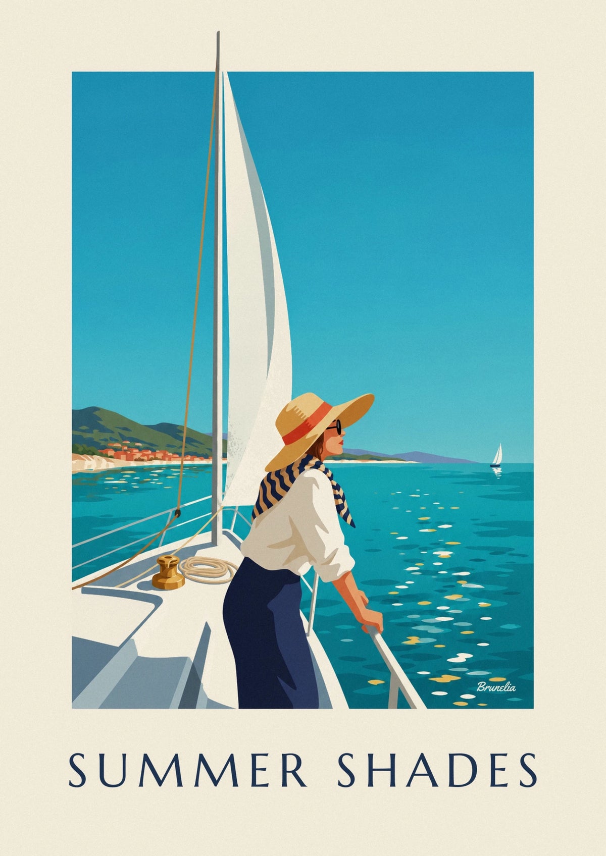 Affiche femme aux lunettes de soleil et chapeau sur un voilier