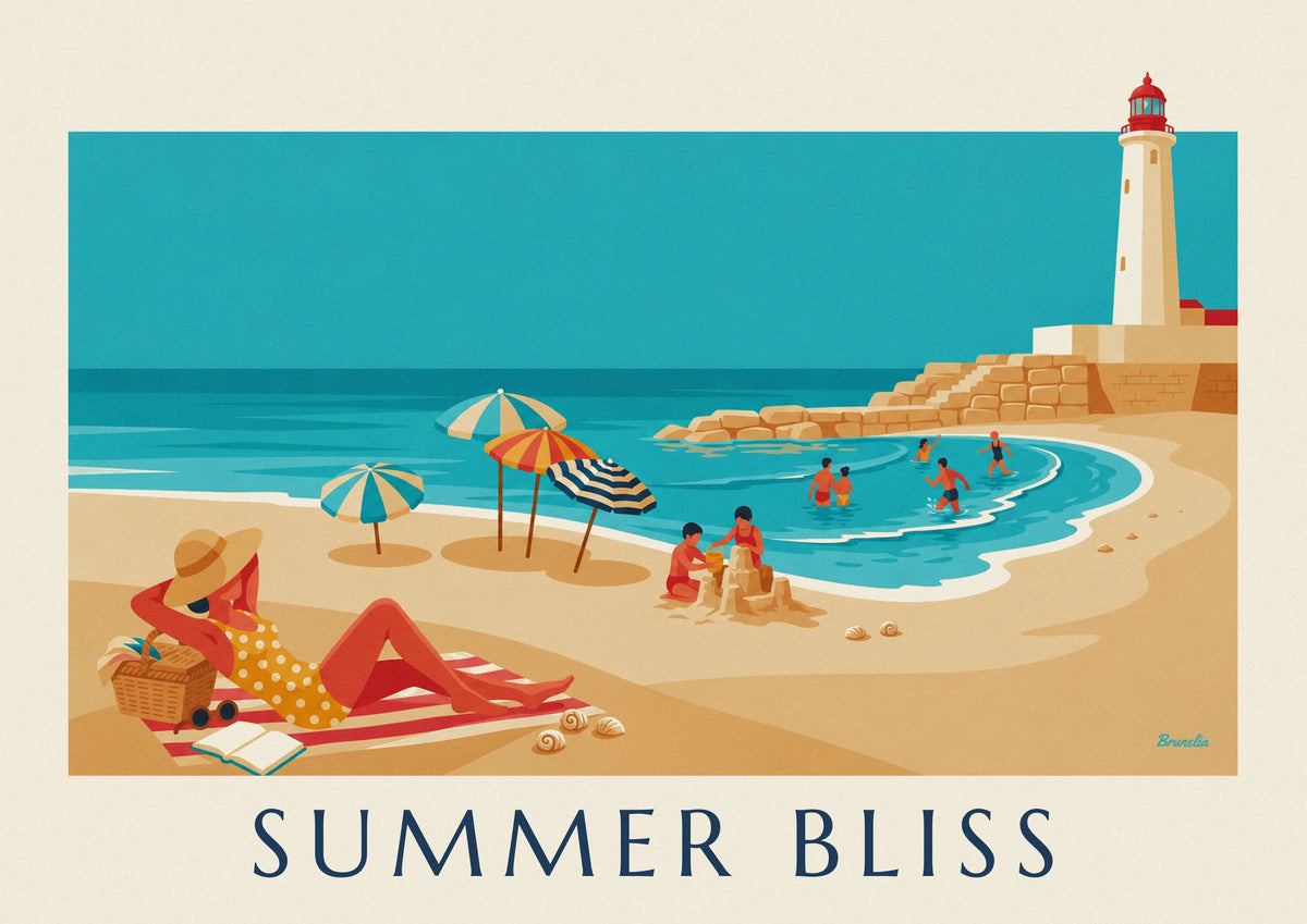Affiche femme en maillot à pois sur une plage animée