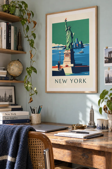 Affiche Statue de la Liberté et skyline de Manhattan à New York : encadrée au mur