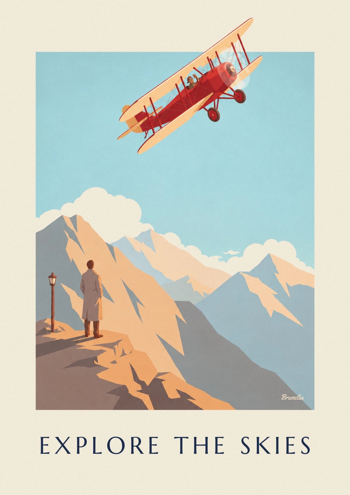 Affiche biplan Explore the Skies au-dessus des montagnes