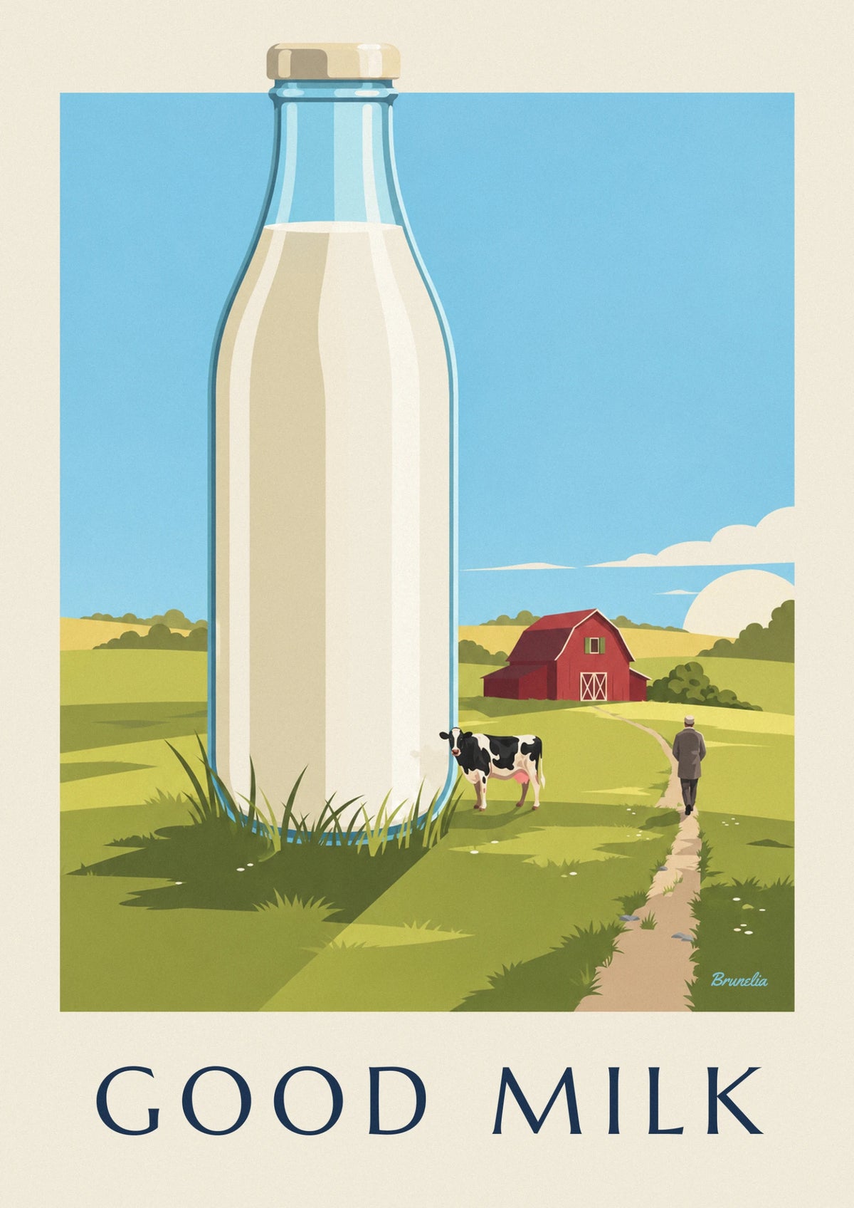 Affiche bouteille en verre de lait fermier et vache au pré