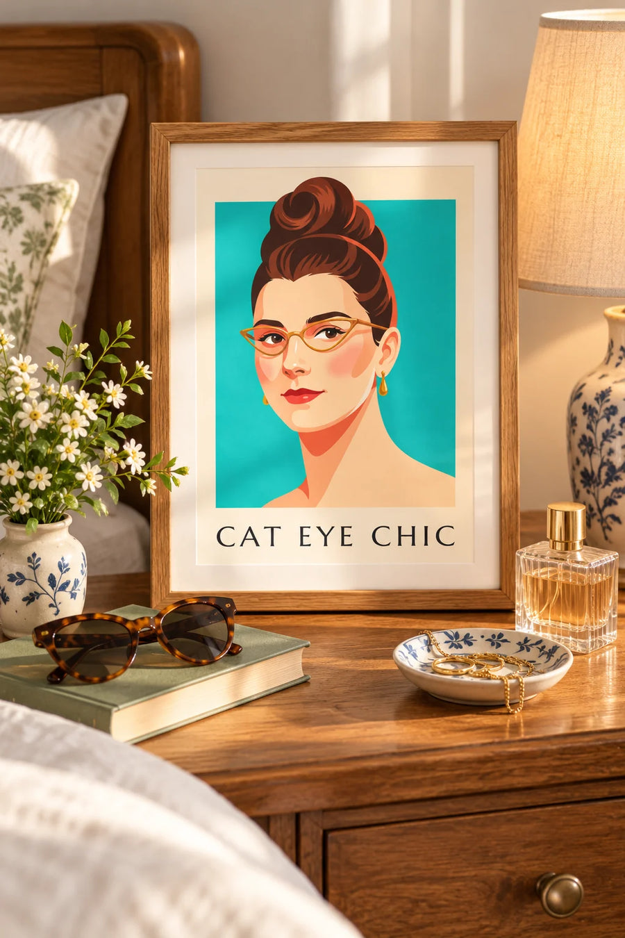 Affiche portrait de femme aux lunettes œil-de-chat et lèvres rouges : petit format A4 encadré