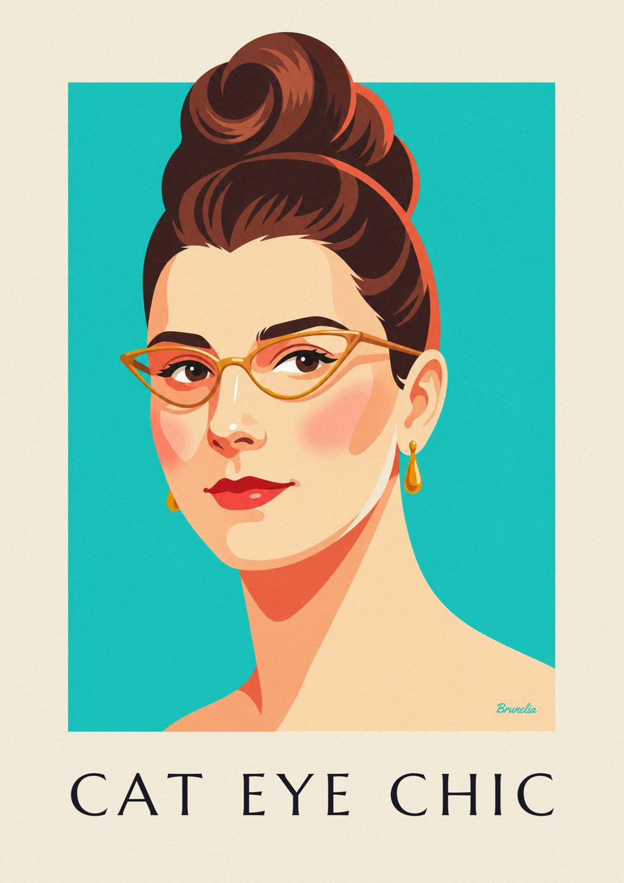 Affiche portrait de femme aux lunettes œil-de-chat et lèvres rouges