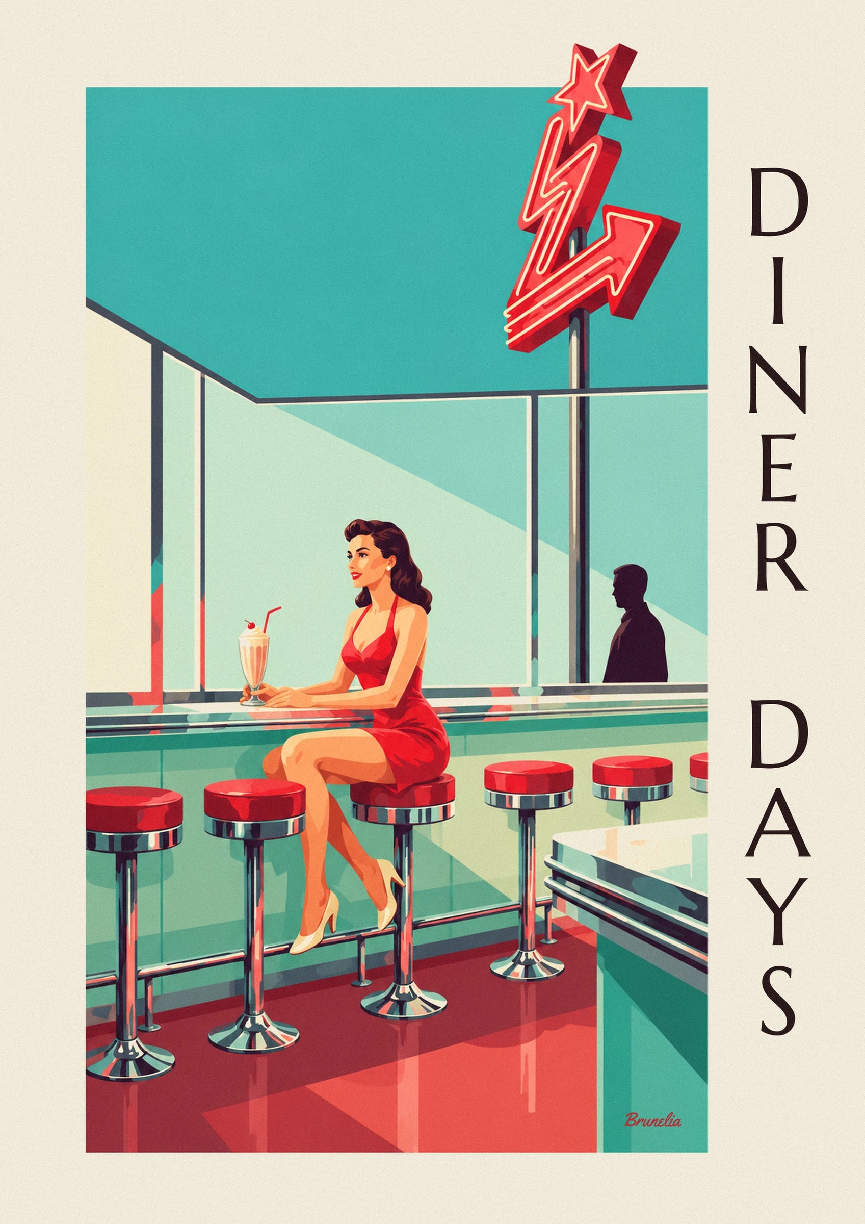 Affiche pin-up au comptoir d'un diner américain : détail en gros plan