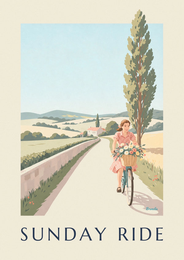 Affiche femme en robe vichy à bicyclette sur un chemin