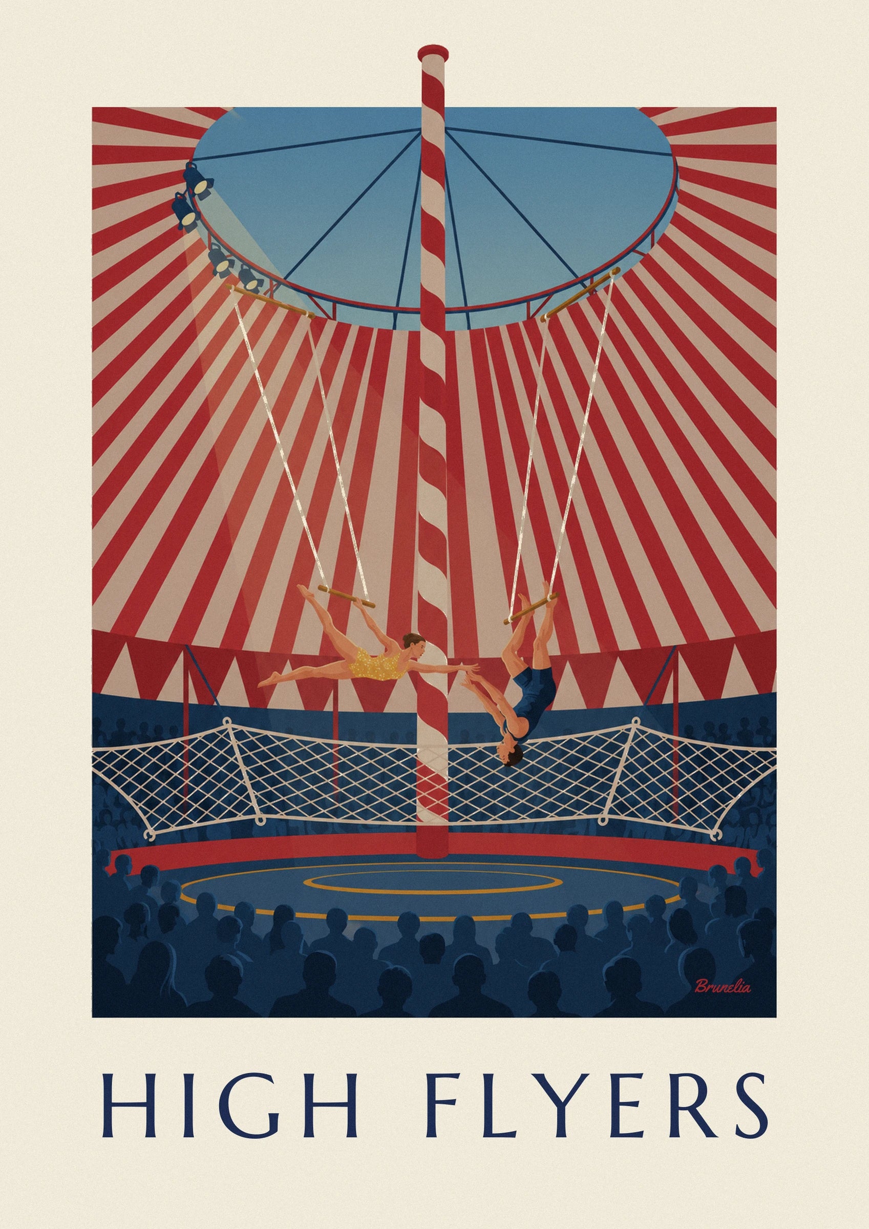 The 2 trapeze artists in yellow and blue above the net, beneath the striped big top