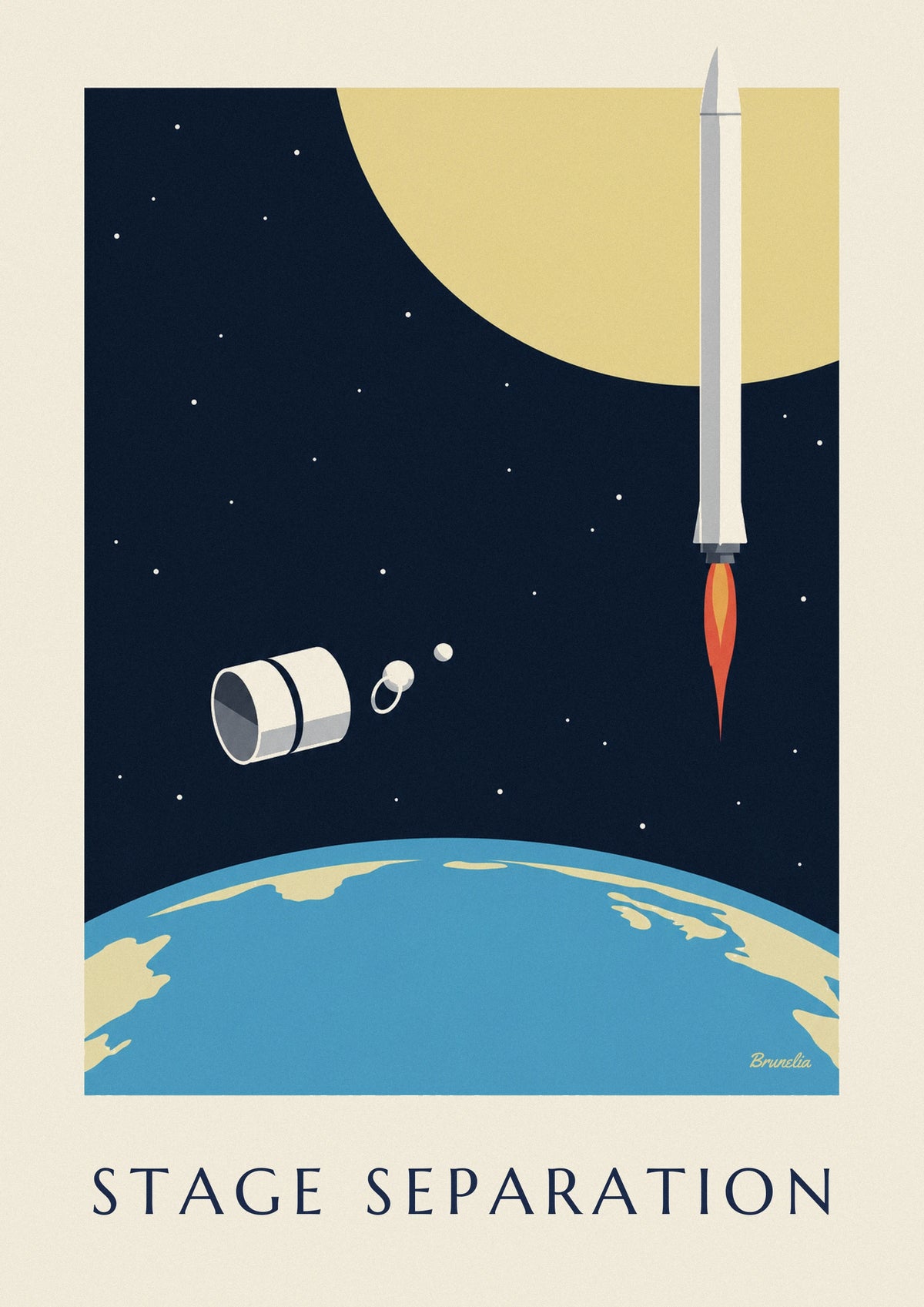 Cartaz da separação dos estágios de um foguetão sobre a Terra