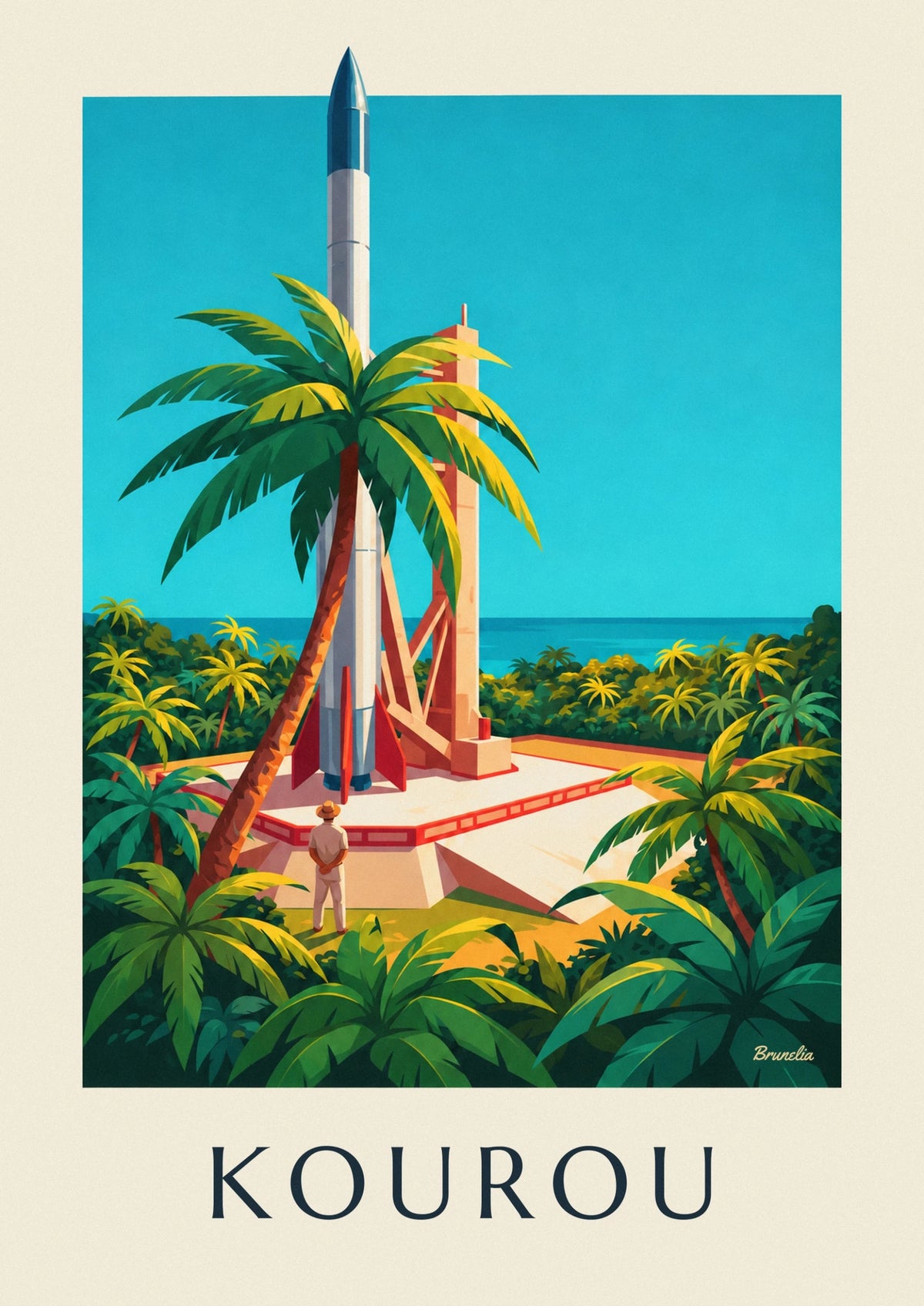 Affiche fusée sur son pas de tir à Kourou en Guyane