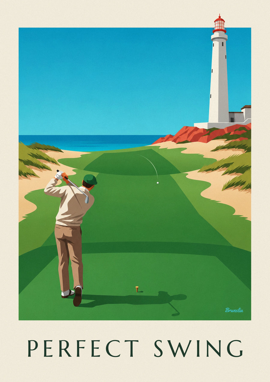 Affiche golfeur en plein swing sur un links en bord de falaise