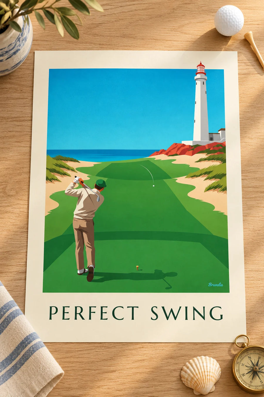 Affiche golfeur en plein swing sur un links en bord de falaise : posée sur une table