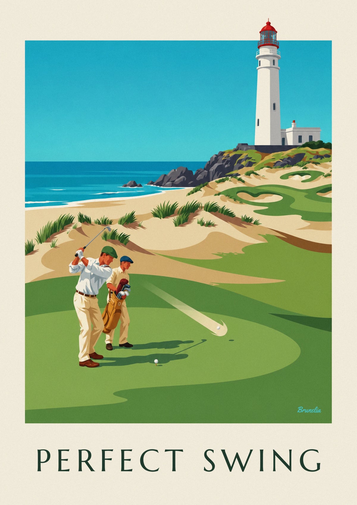 Affiche golfeur en plein swing sur un links en bord de falaise