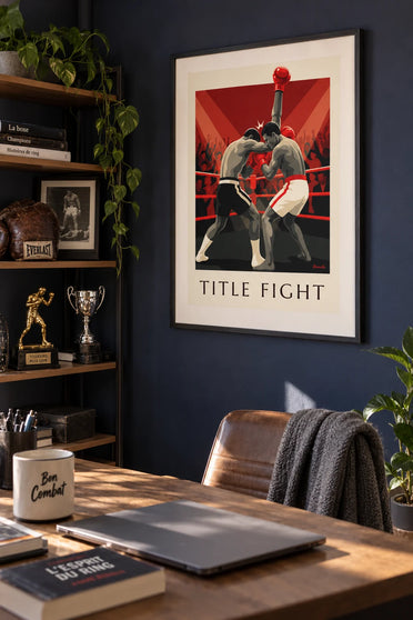 Affiche combat de boxe de champions sur le ring en rouge et noir : encadrée au mur