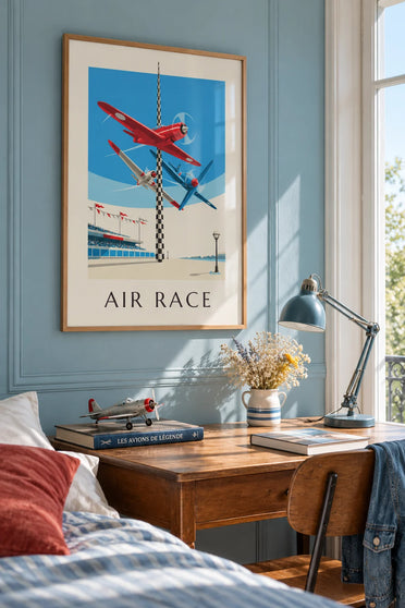 Affiche course d'avions autour d'un pylône au Grand Prix aérien : encadrée au mur