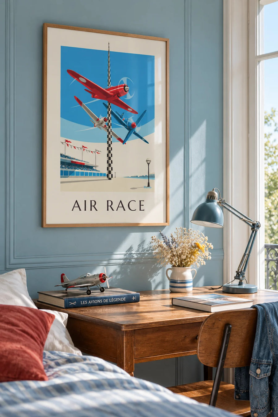 Affiche course d'avions autour d'un pylône au Grand Prix aérien : encadrée au mur