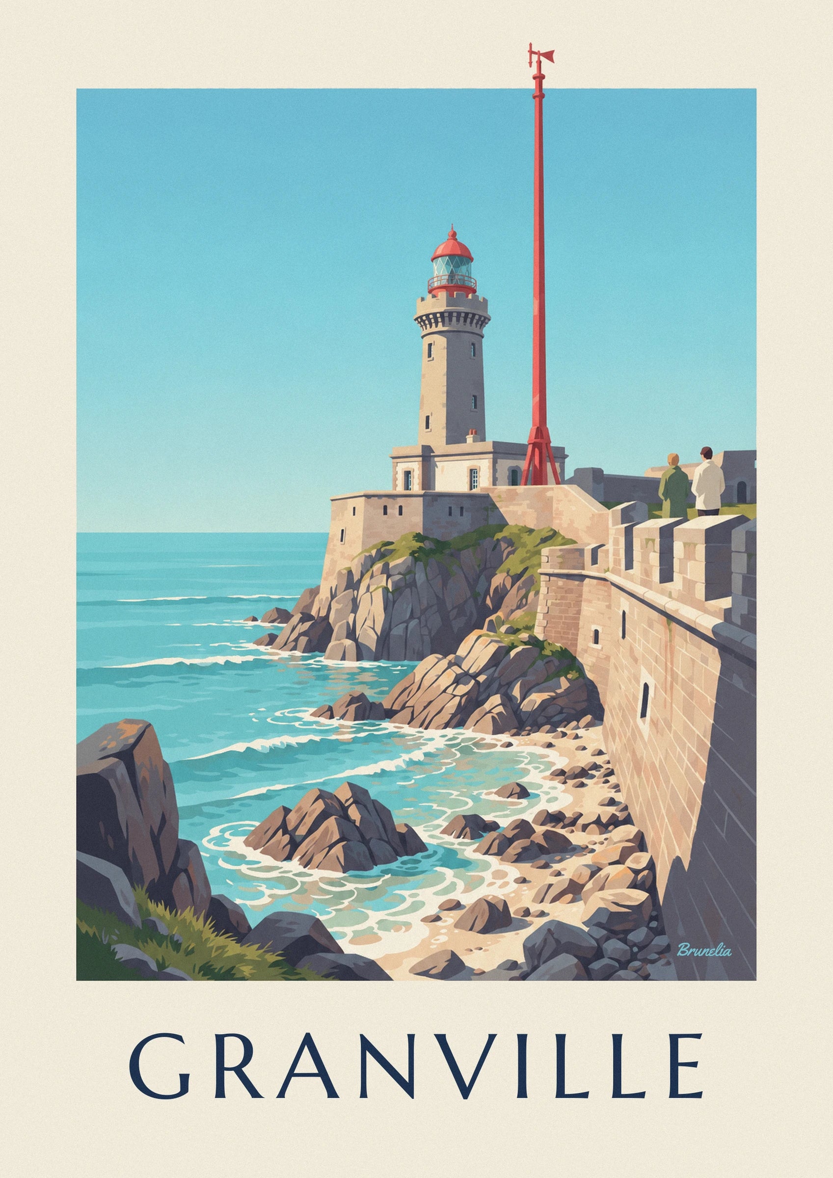 The Granville lighthouse and its red glass-panelled lantern against a blue sky
