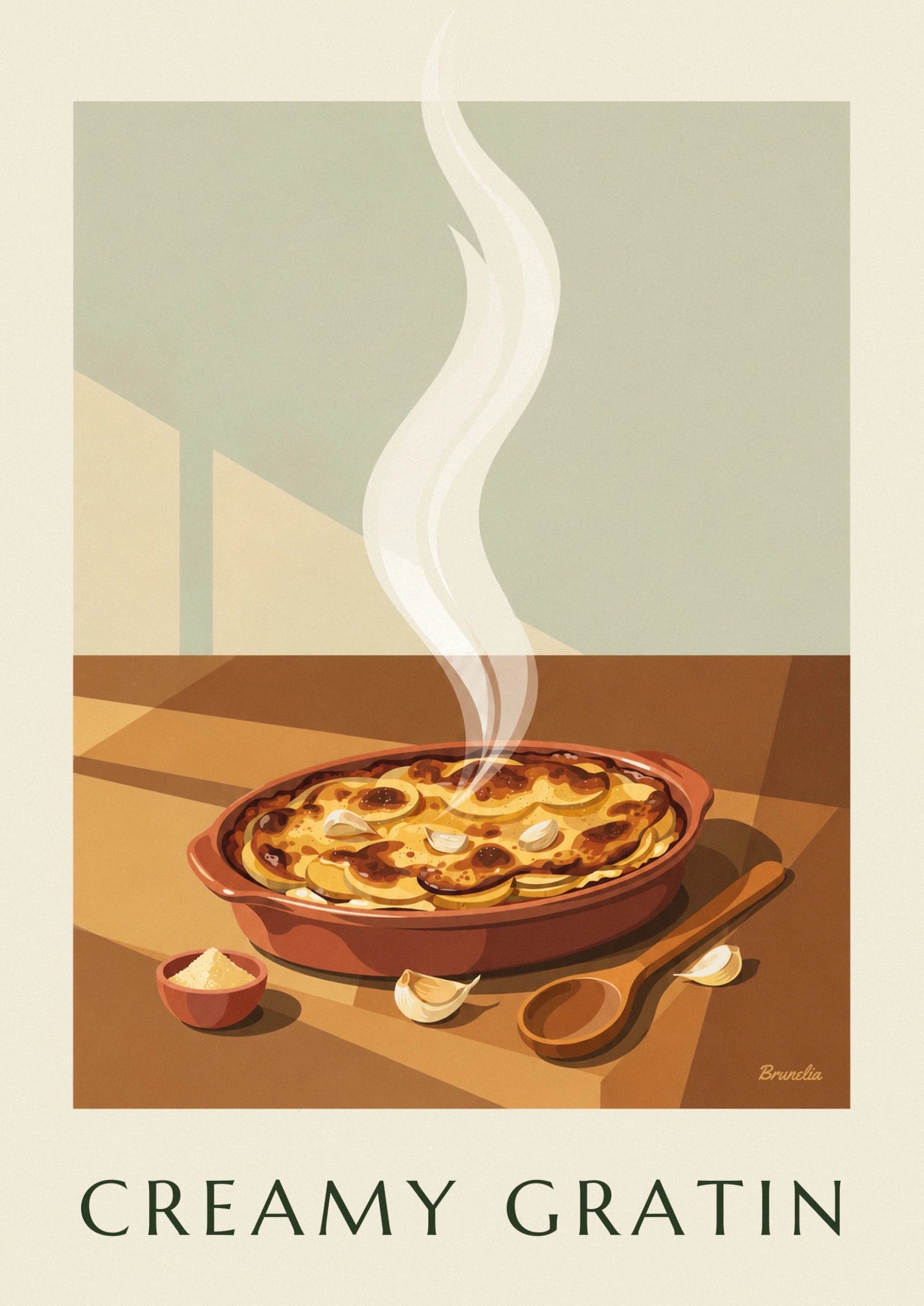 Póster de gratinado dauphinois dourado numa travessa de barro: pormenor ampliado