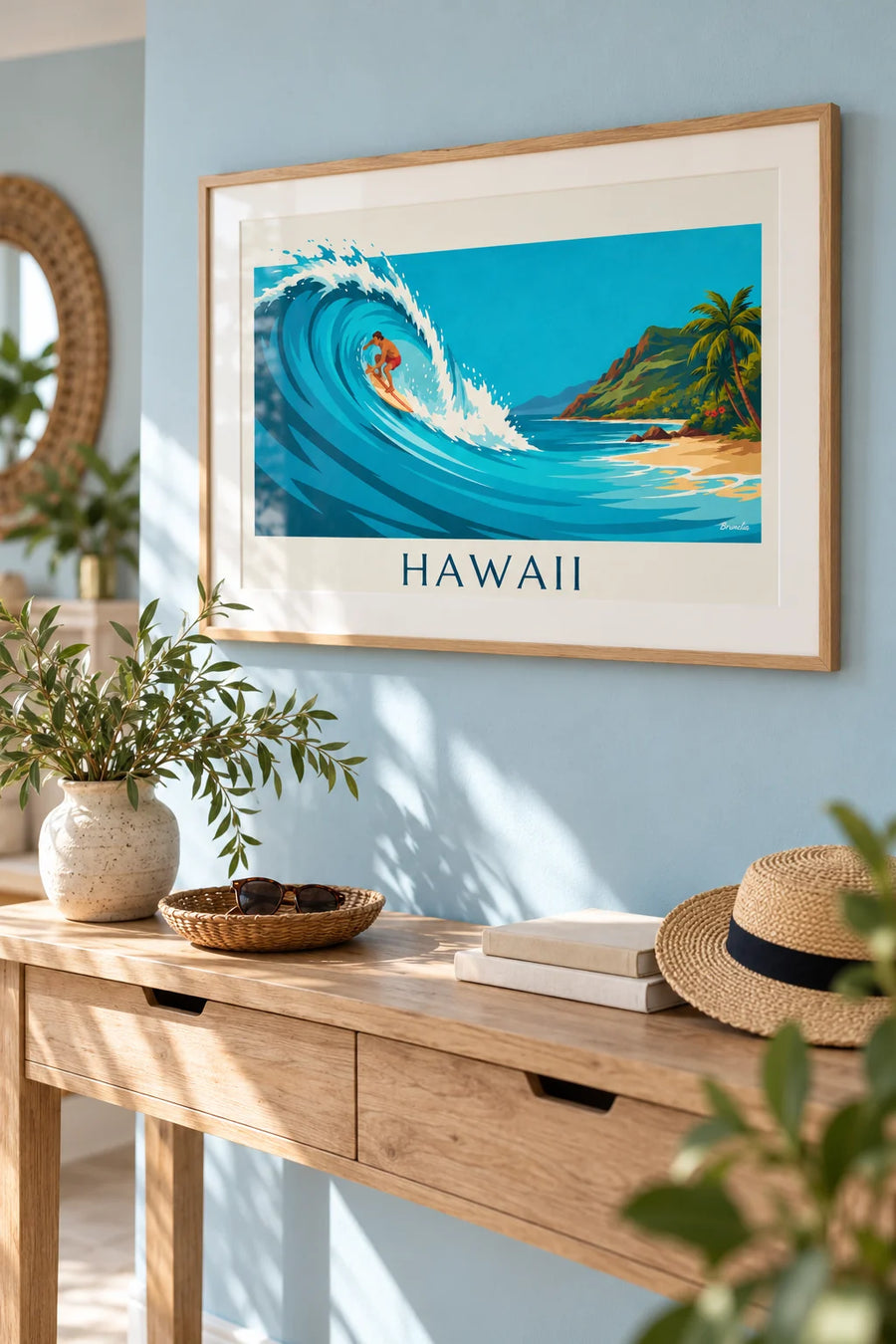 Affiche Hawaii avec surfeur et vague tropicale turquoise : encadrée au mur