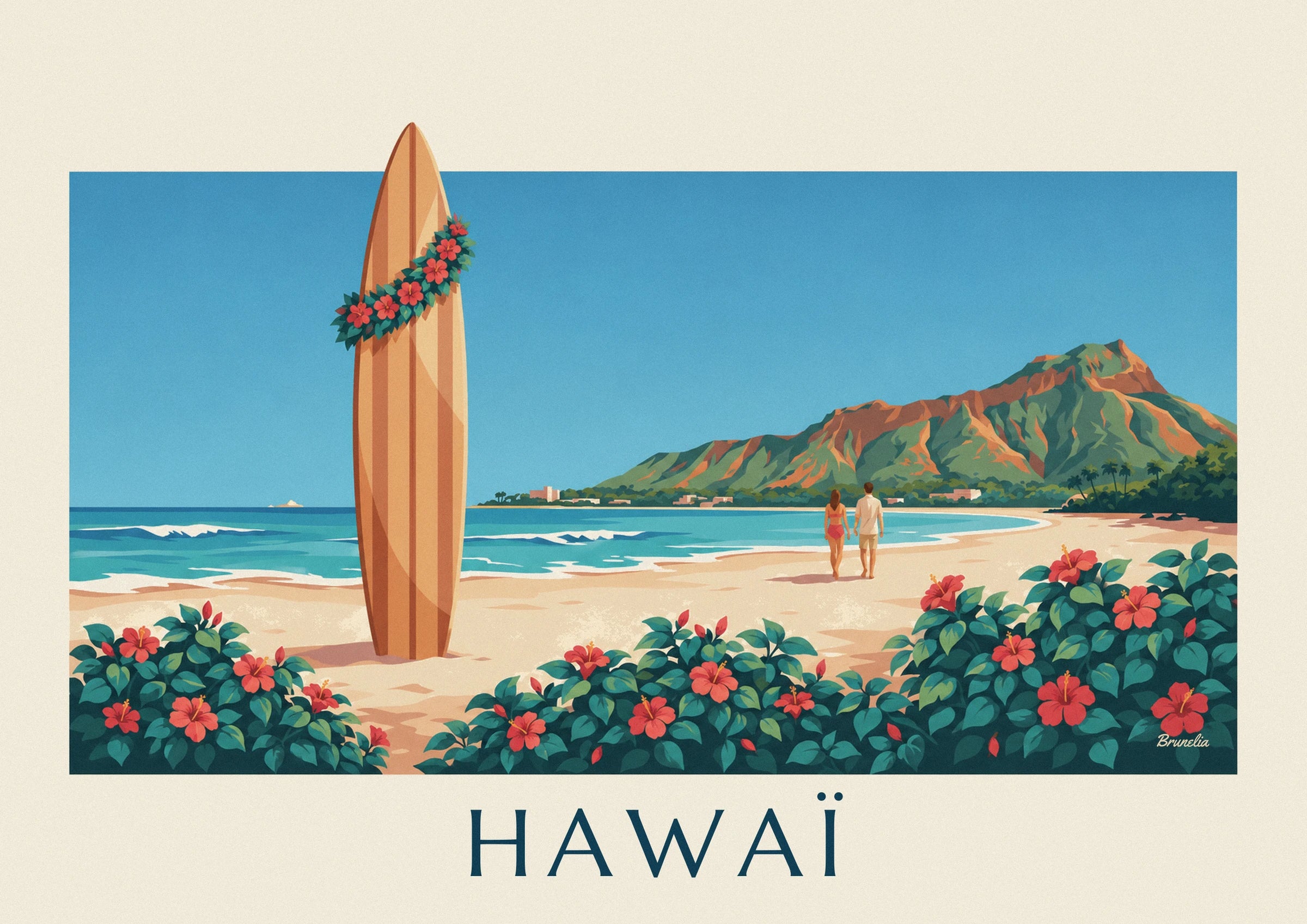 A striped surfboard planted in the sand, decorated with a garland of red hibiscus flowers