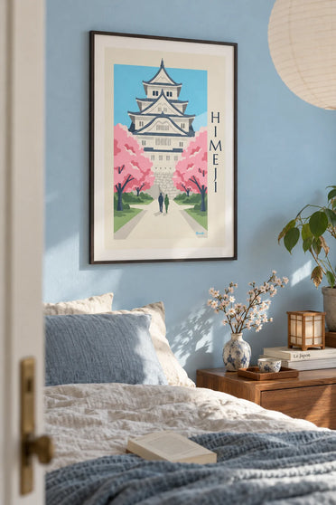 Affiche château de Himeji sous les cerisiers en fleurs : encadrée au mur
