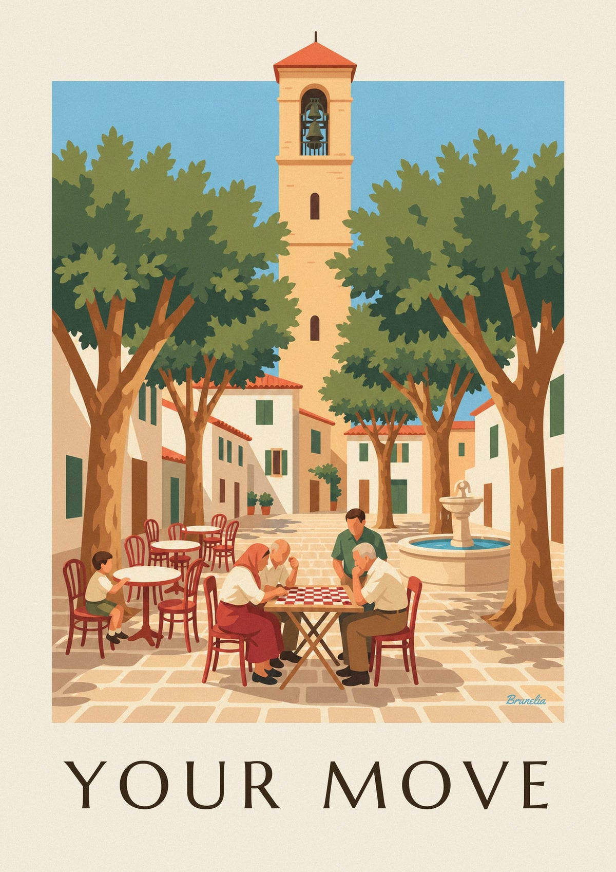 Affiche partie de dames sous les platanes d'une place de village