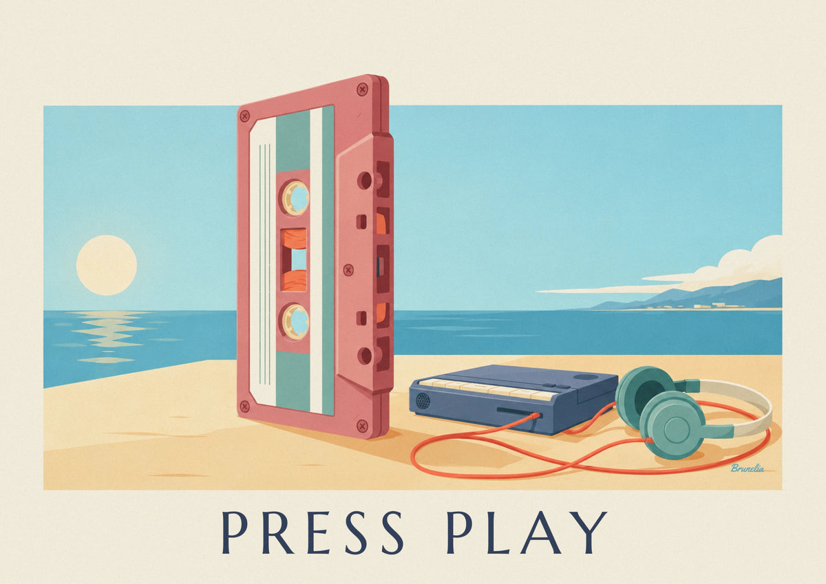 Affiche cassette audio, baladeur et casque sur un bureau