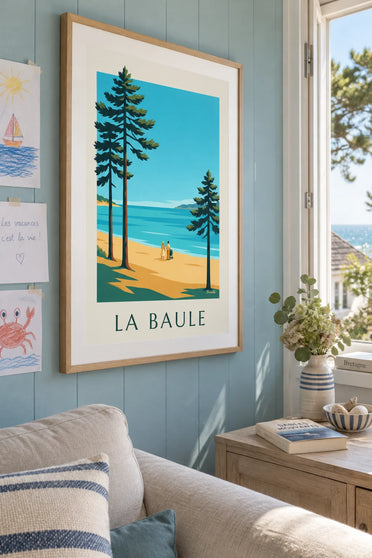 Affiche pinède et plage de La Baule en Loire-Atlantique : encadrée au mur