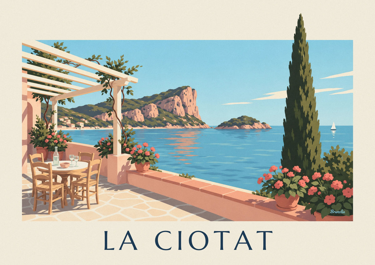 Affiche terrasse méditerranéenne et Bec de l'Aigle à La Ciotat