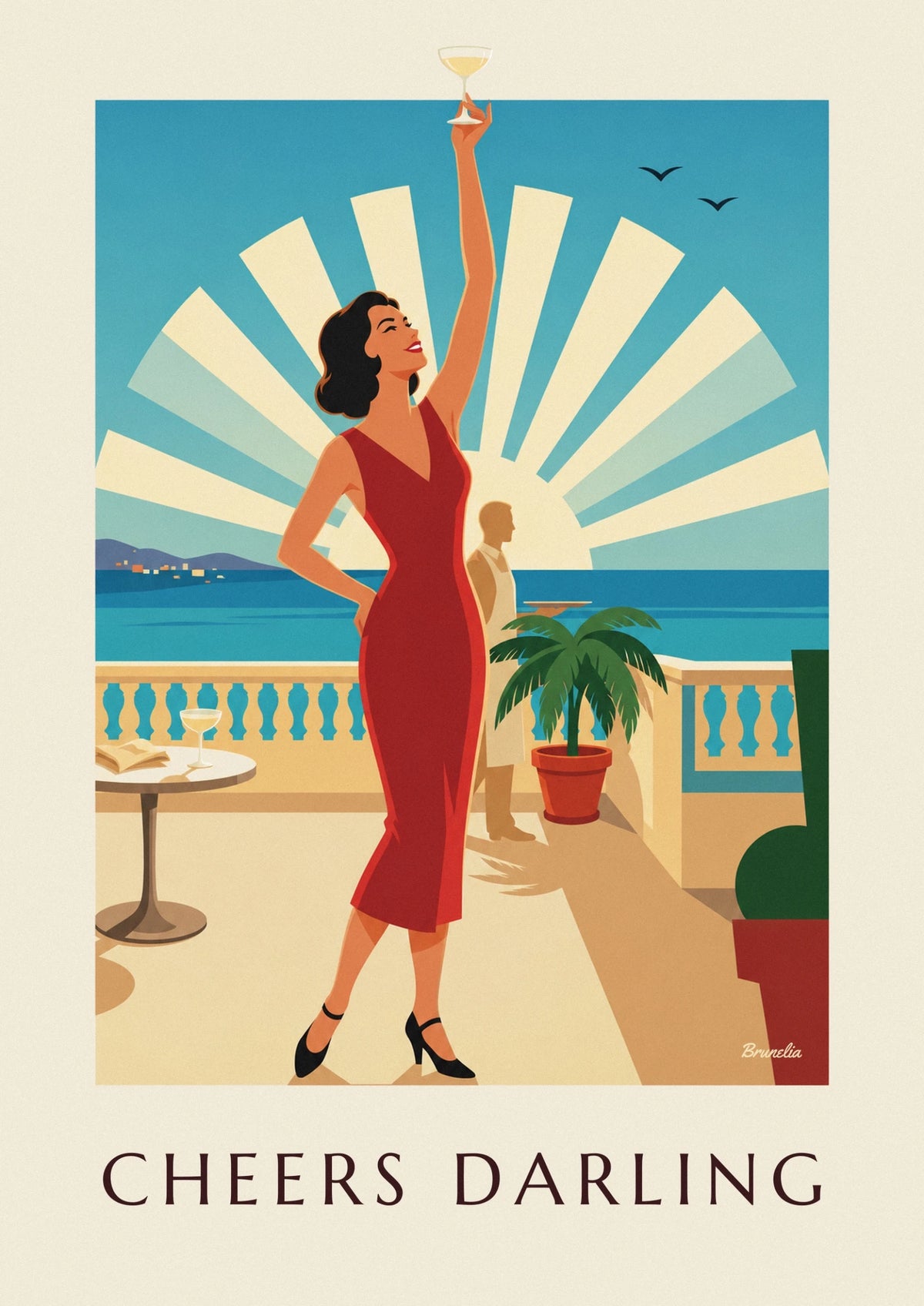 Affiche femme glamour levant son verre de cocktail