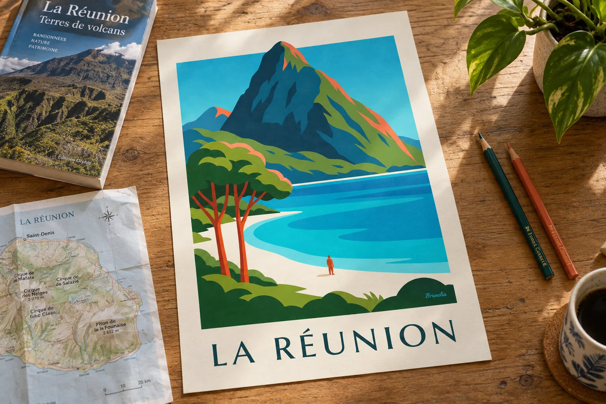 Affiche lagon et Piton des Neiges à La Réunion : posée sur une table